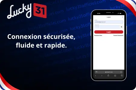 Bannière publicitaire de l’application Lucky31 montrant un smartphone avec écran de connexion sécurisée, fluide et rapide pour le casino en ligne