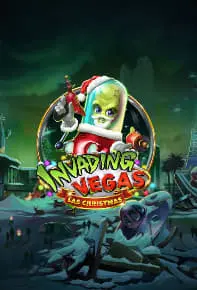 Alien vert casqué attaquant Las Vegas enneigée avec soucoupes volantes.