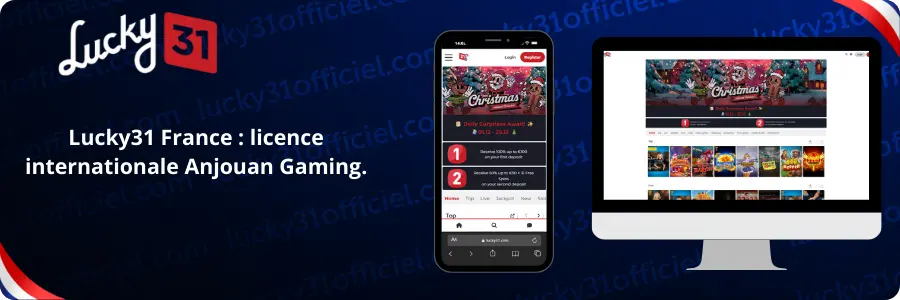 Bannière Lucky31 : logo, mobile/PC avec calendrier Noël, texte licence Anjouan Gaming, fond bleu tricolore.