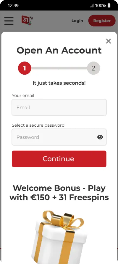 Formulaire d'ouverture de compte rapide avec champs email et mot de passe, accompagné du bonus de bienvenue visible