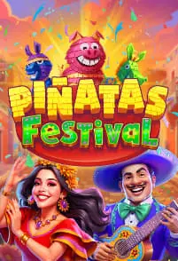 Personnages mexicains festifs avec piñatas roses et confettis multicolores.
