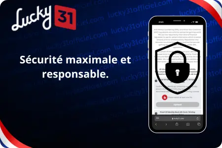 Bannière publicitaire de l’application Lucky31 montrant un smartphone avec icône de cadenas et mesures de sécurité maximale pour un jeu responsable sur la plateforme