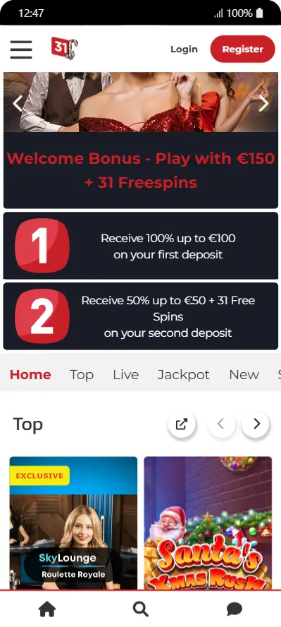 Page d'accueil mobile montrant les promotions actuelles, dont le bonus de bienvenue et le calendrier de l'Avent pour décembre